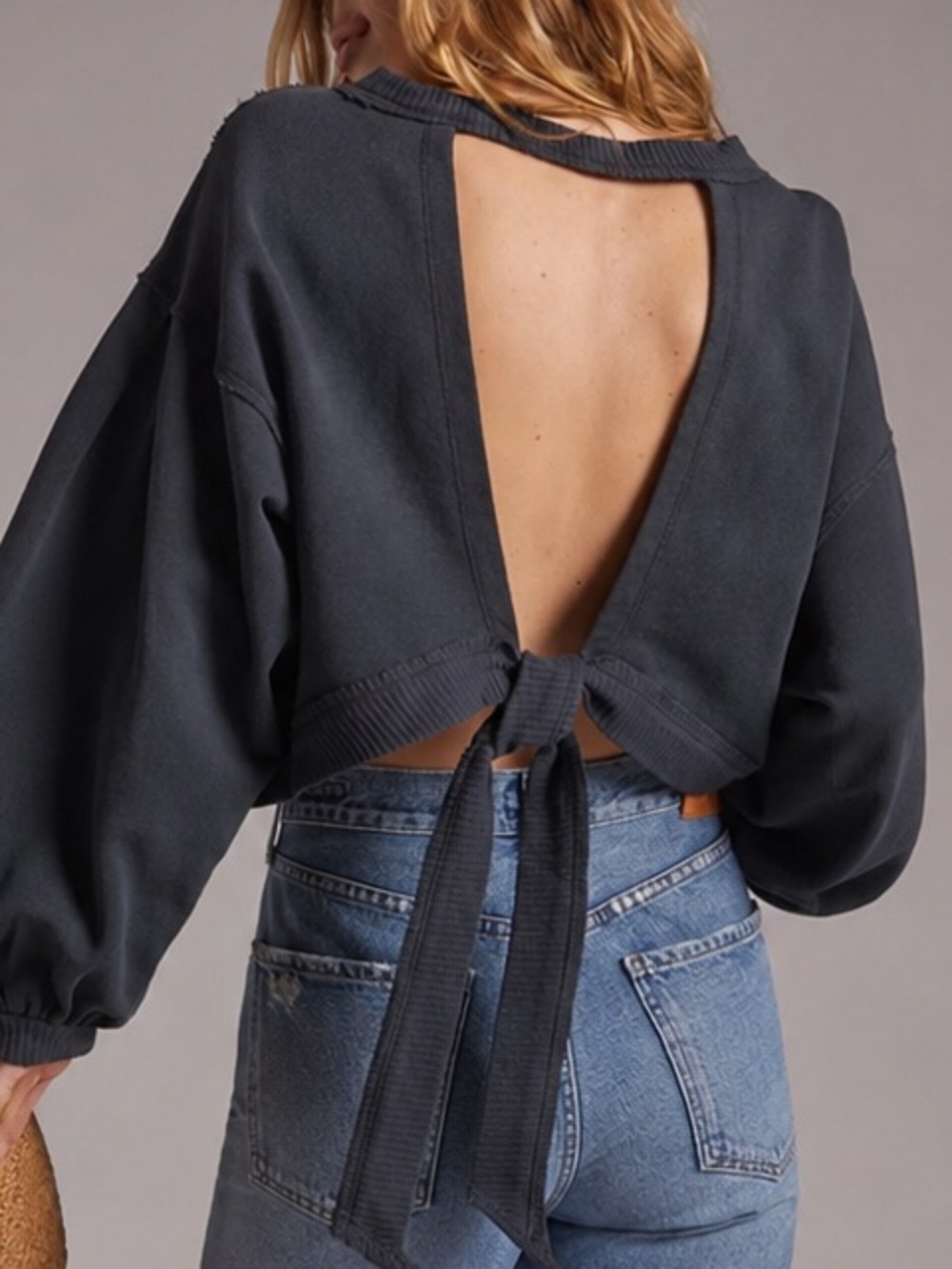 Pilcro Anthropologie Black Tie Back Cropped Sweatshirt Balloon Sleeve XS